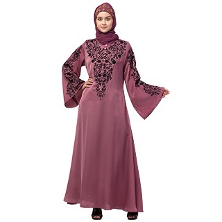 A-line party wear abaya with Resham embroidery work- Mauve Pink
